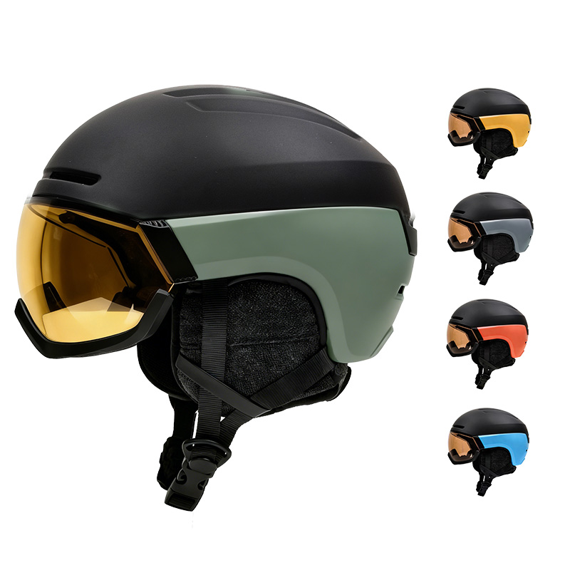 Ski Helmet With Integrated Visor - หมวกสกีแบบขายส่ง โครงสร้างสองชิ้น พร้อมกระบังหน้าแบบพับเก็บได้ มาตรฐาน CE 1077